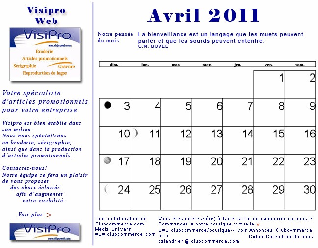 Votre cyber calendrier de Avril 2011