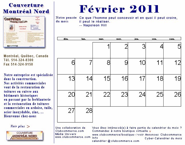 Votre cyber calendrier de F�vrier 2011