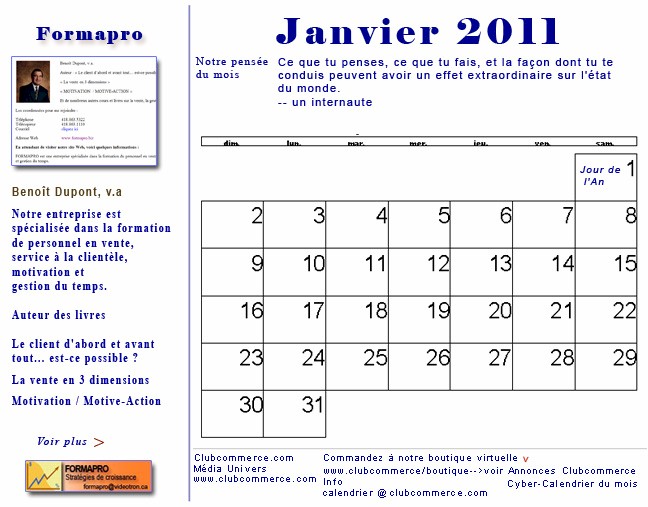 Votre cyber calendrier de Janvier 2011